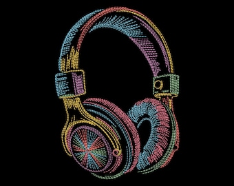 Neon Headphones Embroidery Design, Music Lover Machine Embroidery File, DJ Audio Pattern, DST PES & More, 9 Sizes