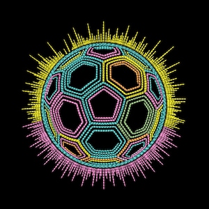 May include: A colorful, geometric soccer ball illustration against a black background. The ball features a pattern of interconnected pentagons and hexagons, outlined in teal, pink, and yellow. Radiating lines of yellow and pink surround the ball.