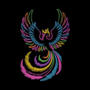 May include: A colorful embroidered phoenix design against a black background. The phoenix features vibrant hues of pink, yellow, green, blue, and orange, creating a striking visual contrast. The detailed stitching gives a textured appearance.