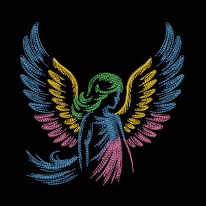 Può includere: Un disegno ricamato di una figura con grandi ali colorate su sfondo nero. Le ali sono dettagliate con fili blu, gialli e rosa. I capelli della figura sono verdi e il corpo è blu e rosa.