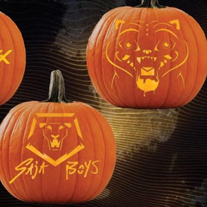 May include: Four carved pumpkins with various designs. One pumpkin features the word "HUNTRAX". Another has a bear face, and a third has a lion's head with the words "Saja Boys". The last pumpkin has a bird design.