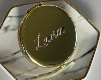 Personalized Hand-Engraved Gold or Silver Compact Mirror: Bridesmaid Gift