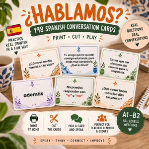 May include: A set of 198 Spanish conversation cards featuring various prompts and questions in Spanish. The cards have white backgrounds with colourful floral and geometric borders. Text includes phrases like ¿Hablamos?, además, and various questions.