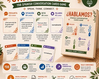 Juego de tarjetas de conversación en español / 198 actividades imprimibles para practicar la conversación (descarga digital)