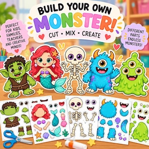 May include: A Build Your Own Monster activity set featuring colorful character cutouts including a green troll, mermaid, skeleton, blue monster, and green blob. The set includes printed sheets with various body parts to cut, mix, and create.