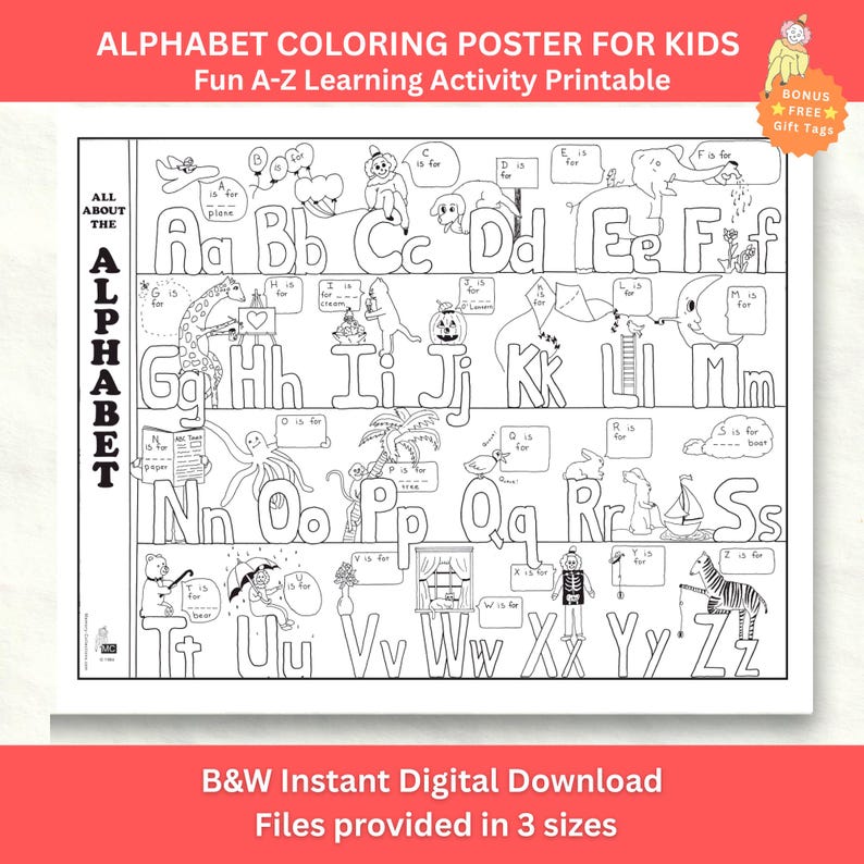 Alphabet Coloring Poster - Digital Download ABC Learning Activity or ...