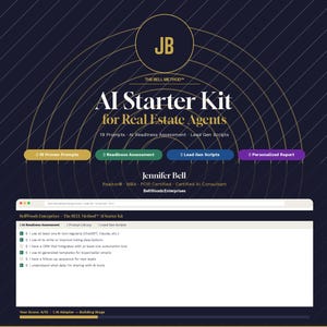 Op de afbeelding: Een AI Starter Kit voor makelaars, met de tekst "AI Starter Kit for Real Estate Agents" en "19 Prompts". De afbeelding bevat een screenshot van een website en de naam "Jennifer Bell". Het kleurenschema is donkerblauw en goud.