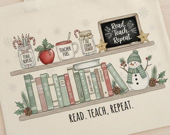 Christmas Teacher Bookshelf PNG, Read Teach Repeat Winter Classroom Decor, Teacher Mug Sublimation, Holiday Teacher Clipart