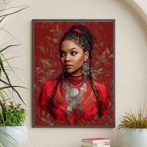 red dress on brown skin Fashion Dark Skin Woman in Red Dress. African Model with Afro Hairstyle in Long Evening Gown Over Gray Stock Photo