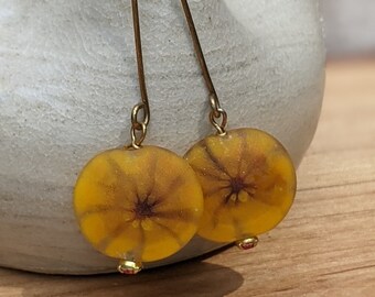Glass Sunflower Earrings: Yellow Floral Dangle, Brass Wires