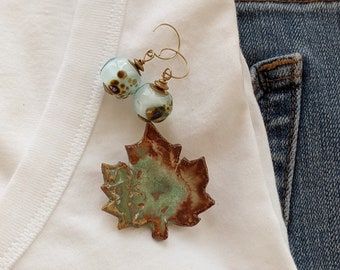 Aqua + Brown Maple Leaf Pin, Pottery Pin and Earring Set, Autumn Jewelry