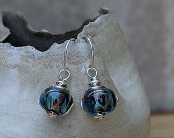 Teal Blue Glass Drop Earrings: Sterling Silver Dangles, Handmade