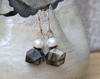 Labradorite Pearl Earrings: 14k Gold Filled Gemstone Dangles