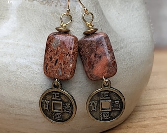 Flame Jasper Dangle Earrings: Dragon Medallion, 14k Gold Filled