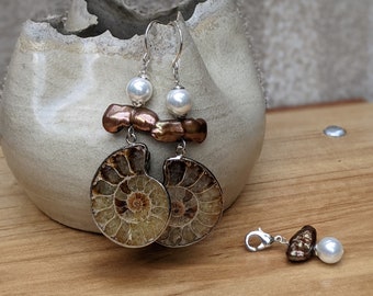 Ammonite Pearl Dangle Earrings & Pendant Set: Sterling Silver Fossil Jewelry