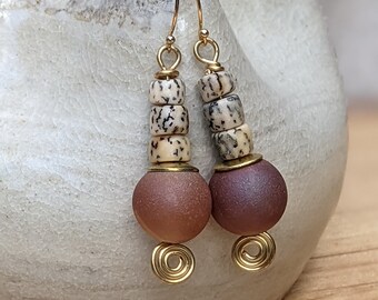 Druzy Agate & Betel Nut Earrings: Peach Gold Filled Spiral Drop