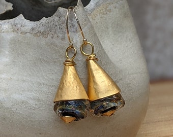 Handmade Blue Glass Dangle Earrings: Gold Filled Cone, Artisan Jewelry