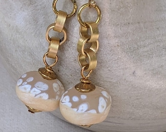 Matte Gold Rolo Chain Earrings: Ivory Artisan Glass Dangles