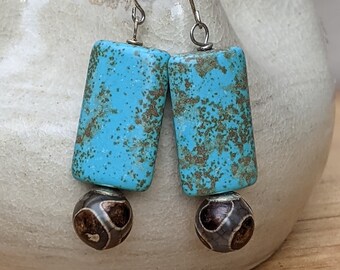 Turquoise + Dzi Agate Boho Boucles d’oreilles, Drop Dangle Sterling Silver Boucles d’oreilles, Puffy Long Rectangle