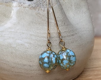 Aqua Glass Dangle Earrings: 14k Gold Filled, Robin's Egg Blue