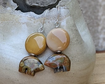 Rhyolite Bear Fetish Dangle Earrings, Sun + Moon Boho SS Earrings, Sterling Silver Drop Earrings