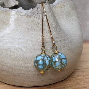 Aqua + Gold Long Drop Earrings, Boho Bibelot, 14k GF Glass Dangles, Robin&#39;s Egg Blue Gift