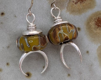 Mustard Yellow Art Glass Earrings: Sterling Silver Crescent Dangles