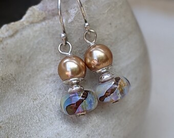 Sterling Silver Dangle Earrings: Metallic Tan Pearl & Art Glass