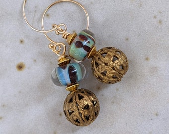 Blue Green Art Glass Dangle Earrings: Brass Filigree, Gold Filled