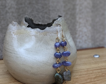 Tanzanite & Labradorite Gold Filled Earrings: Long Drop Earrings, Blue and Gray Gemmy Dangles