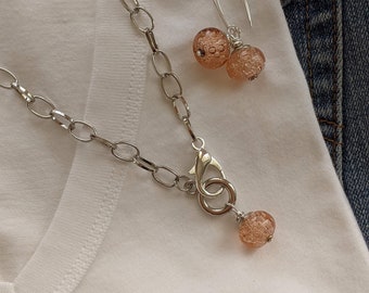 Perzik bubbels ketting + oorbellen set, boho front toggle gesp, chunky zilveren ketting link ketting