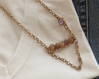 Gold Filled Rolo Chain Necklace: Purple Glass Bead Station, 24 Inch