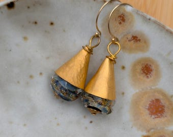 Handmade Blue Glass Dangle Earrings: Gold Filled Cone, Artisan Jewelry
