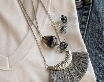 Blue Art Glass Necklace: Gray Tassel Fan, Layered Chain