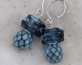 Inky Blue Glass SS Dangling Earrings, Pigeon Blue Casual Drop Earrings, Vintage Glass Checkerboard Statement Earrings