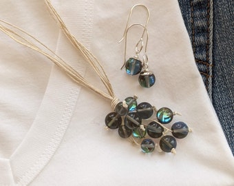 Blue Glass Bead Cascade Necklace: Hemp Cord, Sterling Silver Earrings