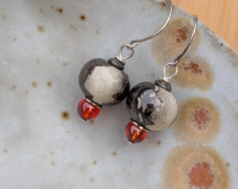 Black Orange Ceramic Dangle Earrings: Oxidized Sterling Silver