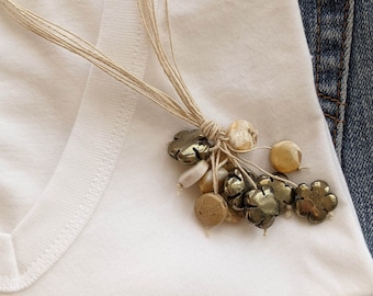 Pyrite Jasper Floral Necklace: Hemp Corded, Magnetic Clasp