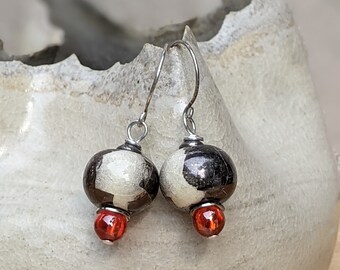 Black Orange Ceramic Dangle Earrings: Oxidized Sterling Silver