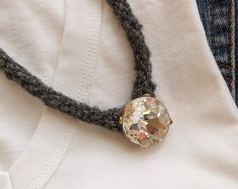 Brilliant Over-Sized Solitaire, Waffle Weave Gray Flannel Statement Necklace, Baby Alpaca Fiber Necklace