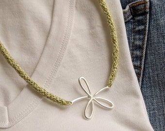 Silver Blossom Soft Green Choker, Minimalist Floral Necklace, Flower Textile Necklace