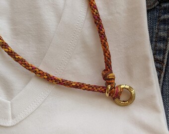 Boho Pendant Necklace: Harvest Rust Corded Necklace with Brass Ring