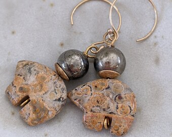 Jasper Pyrite Bear Earrings: Gold Filled Dangle Earrings