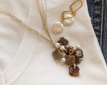 Freshwater Pearl Necklace & Earrings Set: Petrified Wood, Hemp Cord