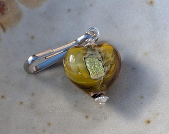 Glass Heart Zipper Charm, Gold on Silver, Maize Yellow Purse Pull, Heart-Shaped Dangle