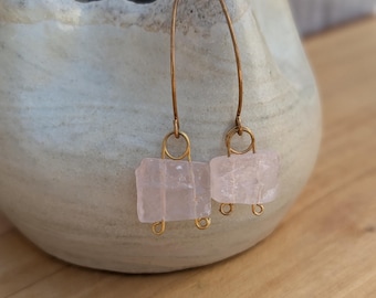 Soft Rose Quartz Gemstone Earrings 14k Gold GF Pink Semi Precious Rough Cut Slab