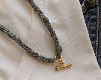 Handwoven Textile Necklace: Sapphire Blue Olive Boho Style