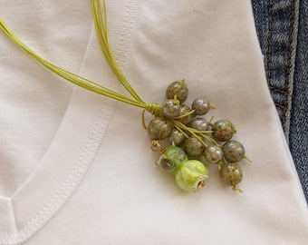 Artisan Owl Pendant Necklace: Green Beaded Waterfall, Hand-Torched Glass