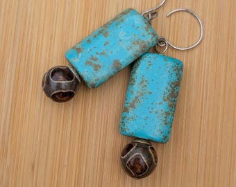Turquoise + Dzi Agate Boho Earrings, Drop Dangle Sterling Silver Earrings, Puffy Long Rectangle