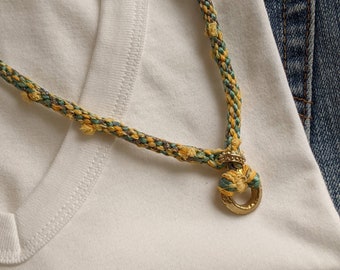 Yellow + Blue Cowgirl Necklace, Boho Statement Necklace, Brass Ring Pendant, Earrings Optional